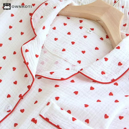 Simple Heart Lapel Cotton Gauze Loungewear Set