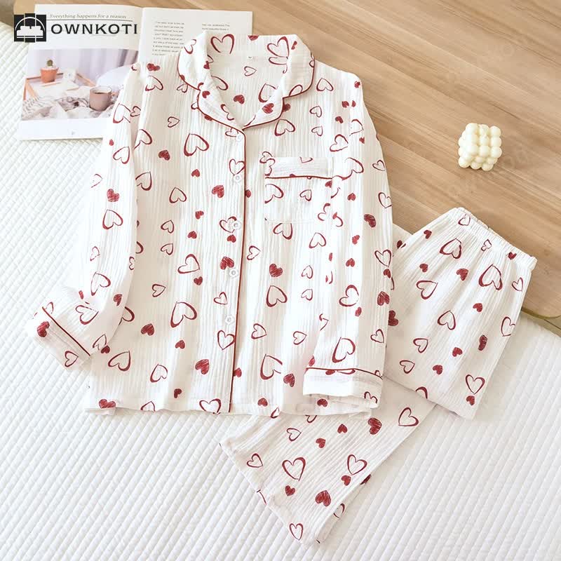 Heart Lapel Cotton Gauze Breathable Pajama Set