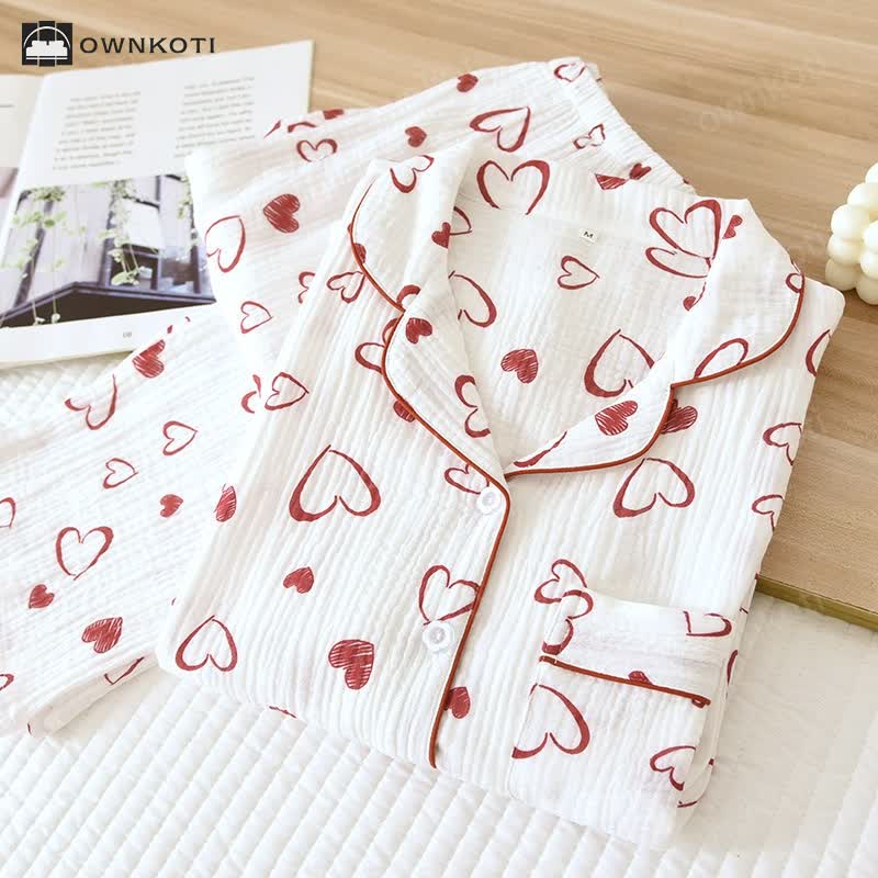 Heart Lapel Cotton Gauze Breathable Pajama Set