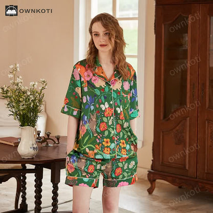 Forest Garden Lapel Neckline Soft Pajama Set