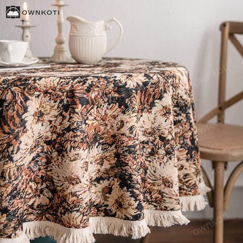 Jacquard Tassel Oil Painting Style Round Tablecloth