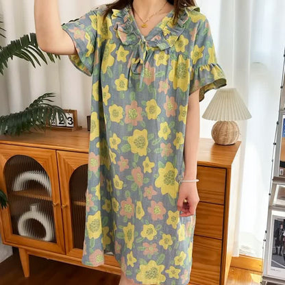 Cute Floral Pure Cotton Breathable Nightgown