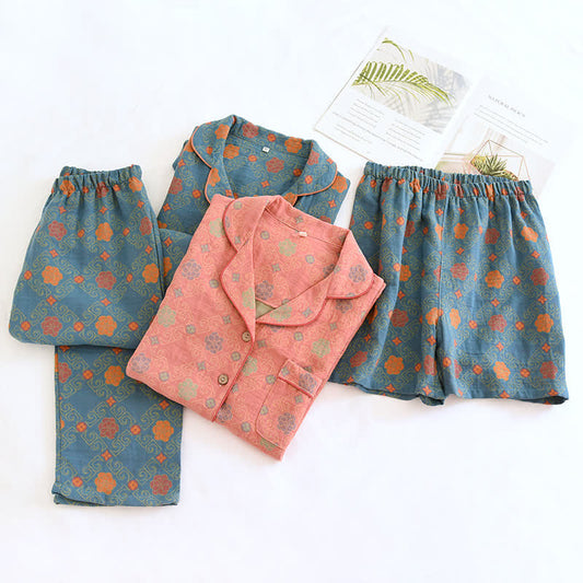 Jacquard Cotton Short Sleeve Lapel Pajama Set(3PCS)