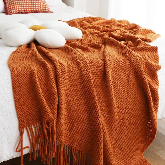 Ownkoti Simple Solid Color Knit Tassel Blanket