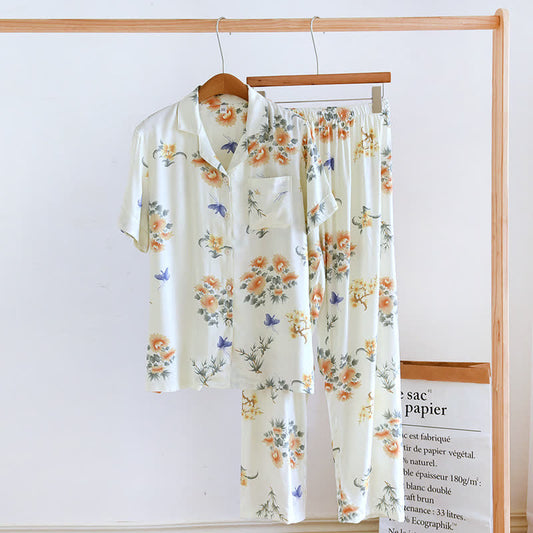 Rural Style Satin Short Sleeve Pajama Set