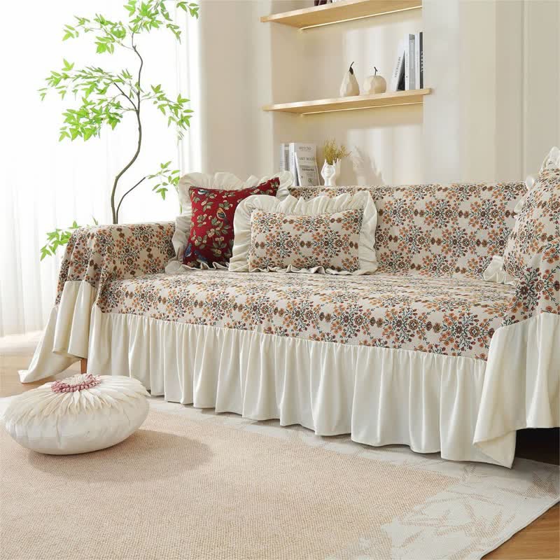 Jacquard Plum Blossom Ruffled Sofa Cover