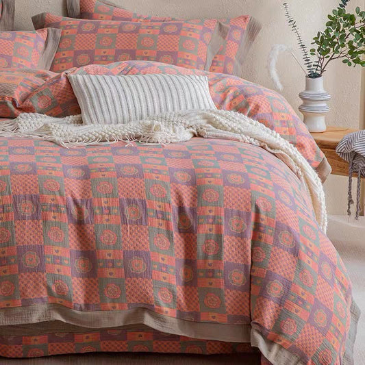 Pure Cotton Checkerboard & Floral Bedding Set (4PCS)