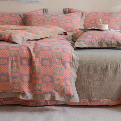 Pure Cotton Checkerboard & Floral Bedding Set (4PCS)