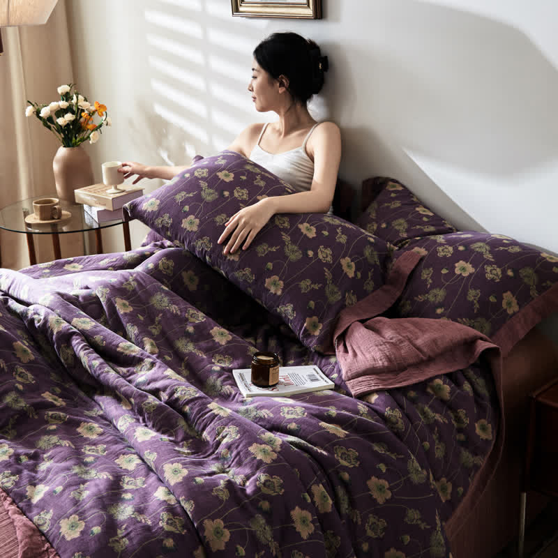 Dark Purple Rustic Floral Cotton Gauze Bedding