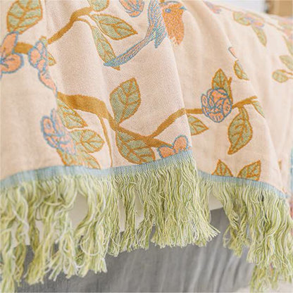 Cotton Gauze Floral & Bird Tassel Quilt
