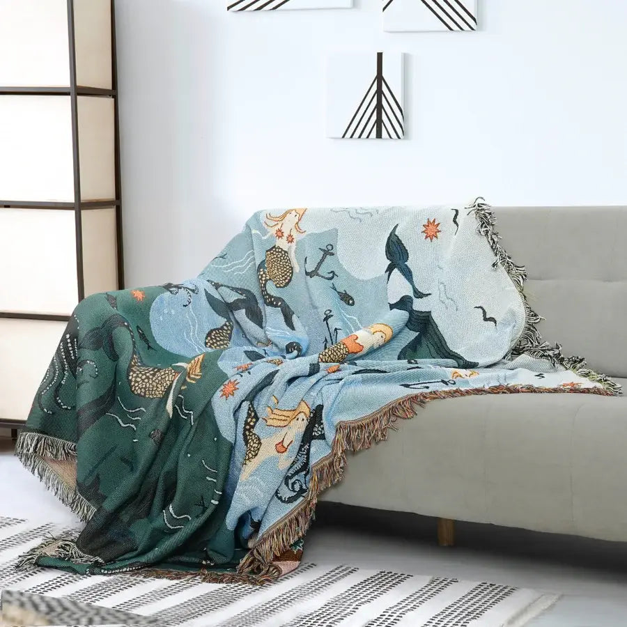 Ownkoti Mermaid Sofa Cover Palm Tassel Blanket