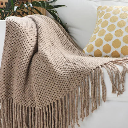 Ownkoti Simple Solid Color Knit Tassel Blanket