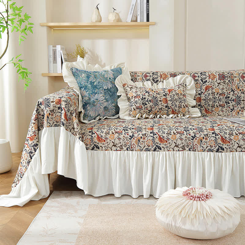 Ruffled Magpie & Floral Soft Sofa Cover