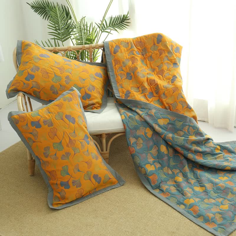 Ginkgo Leaf Pattern Cotton Reversible Quilt