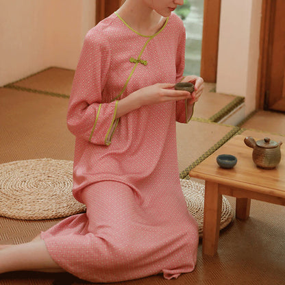 Pink Floral Frog Button Breathable Nightdress