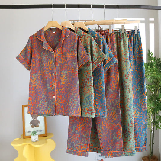 Retro Leaf Short Sleeve Pajama Set
