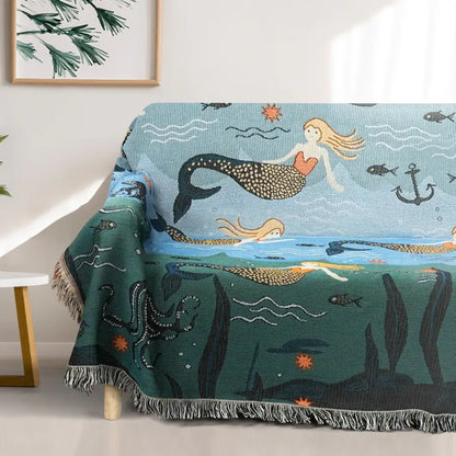 Ownkoti Mermaid Sofa Cover Palm Tassel Blanket