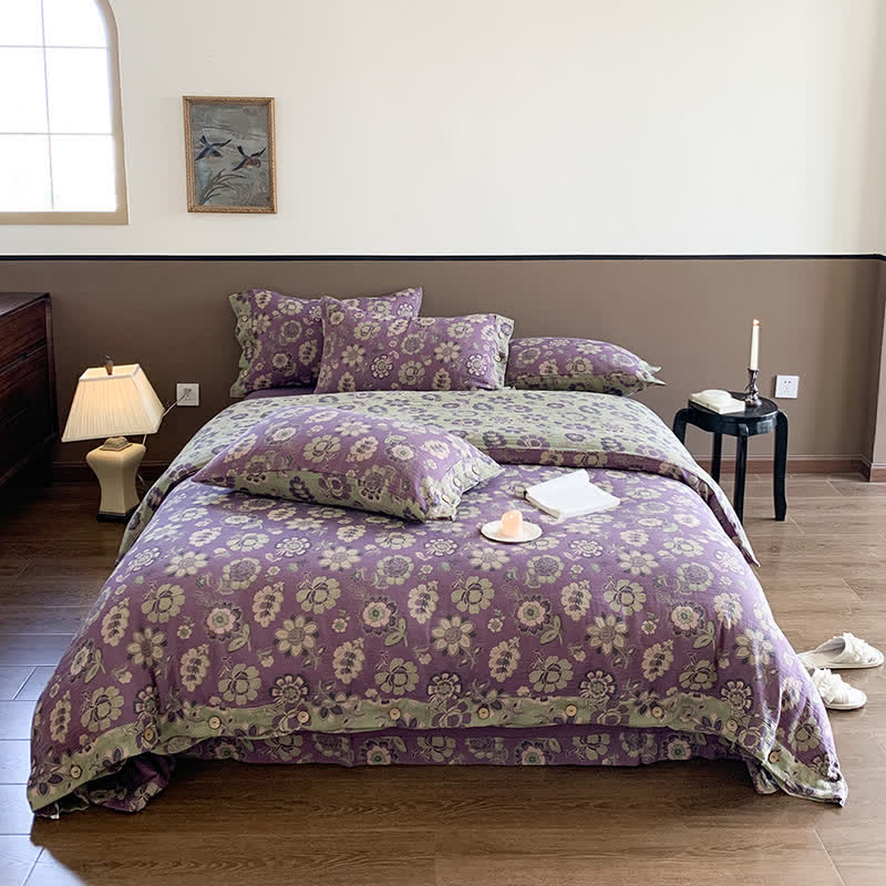 Cotton Gauze Button Floral Style Bedding Set(4PCS)