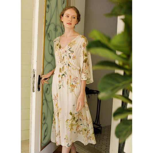 Ownkoti Rose Print Long Sleeve V-Neck Nightdress