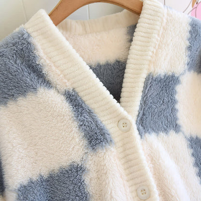 Checkerboard V-neck Soft Fluffy Pajama Set