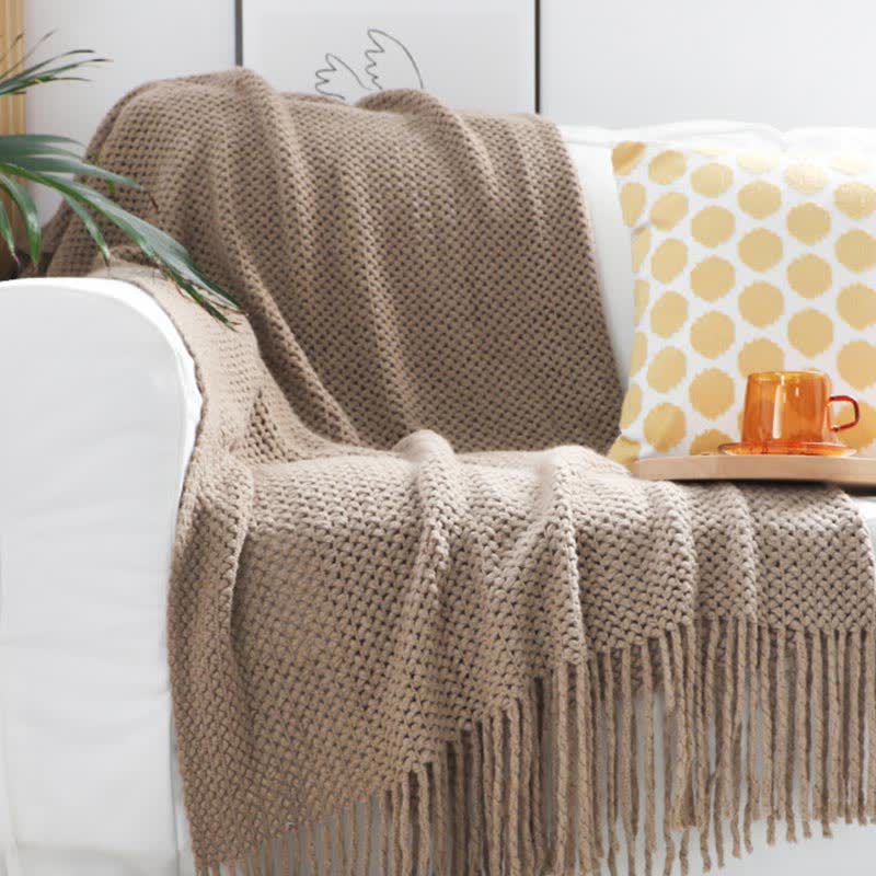 Ownkoti Simple Solid Color Knit Tassel Blanket