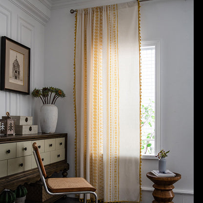 Cortinas de ventana de algodón geométrico bohemio, cortinas semiopacas con borla