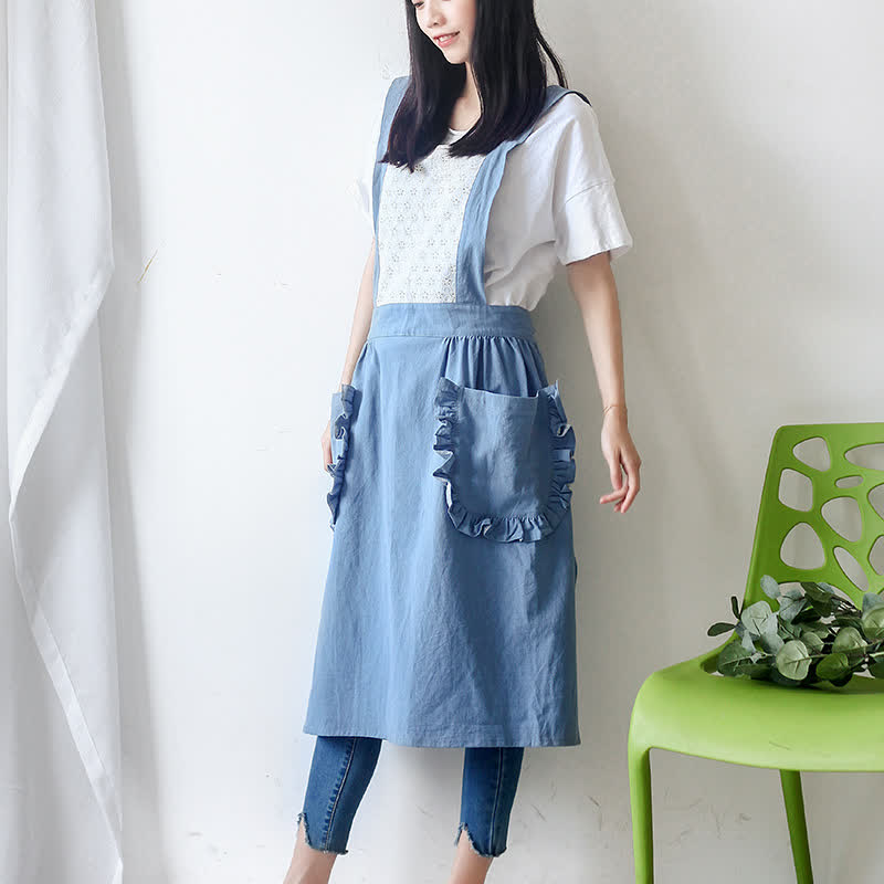 Simple Style Cotton Linen Apron With Pockets