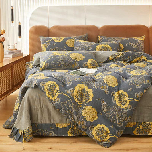 Yellow Leaf Print Cotton Bedding Sets (4PCS)
