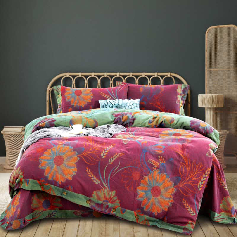 Floral Button Duvet Cover Bedsheet & Pillowcases (4PCS)