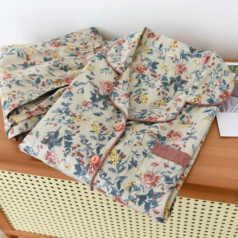 Floral Cotton Gauze Cardigan Pajama Set