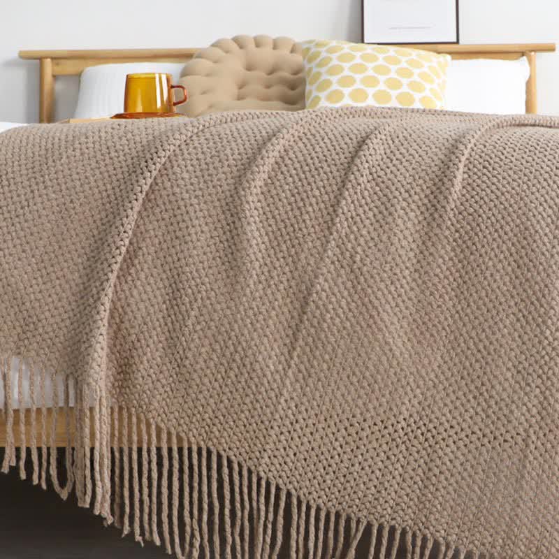 Ownkoti Simple Solid Color Knit Tassel Blanket