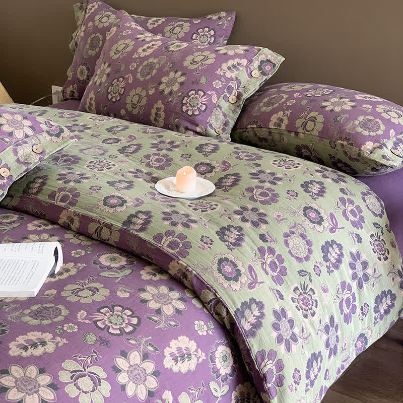Cotton Gauze Button Floral Style Bedding Set(4PCS)
