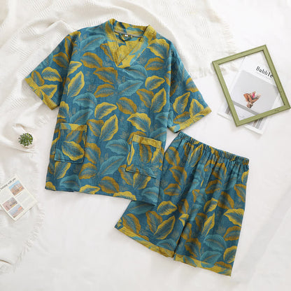 V-neck Retro Leaf Short Sleeves Pajama Set