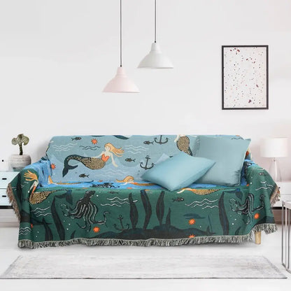 Ownkoti Mermaid Sofa Cover Palm Tassel Blanket