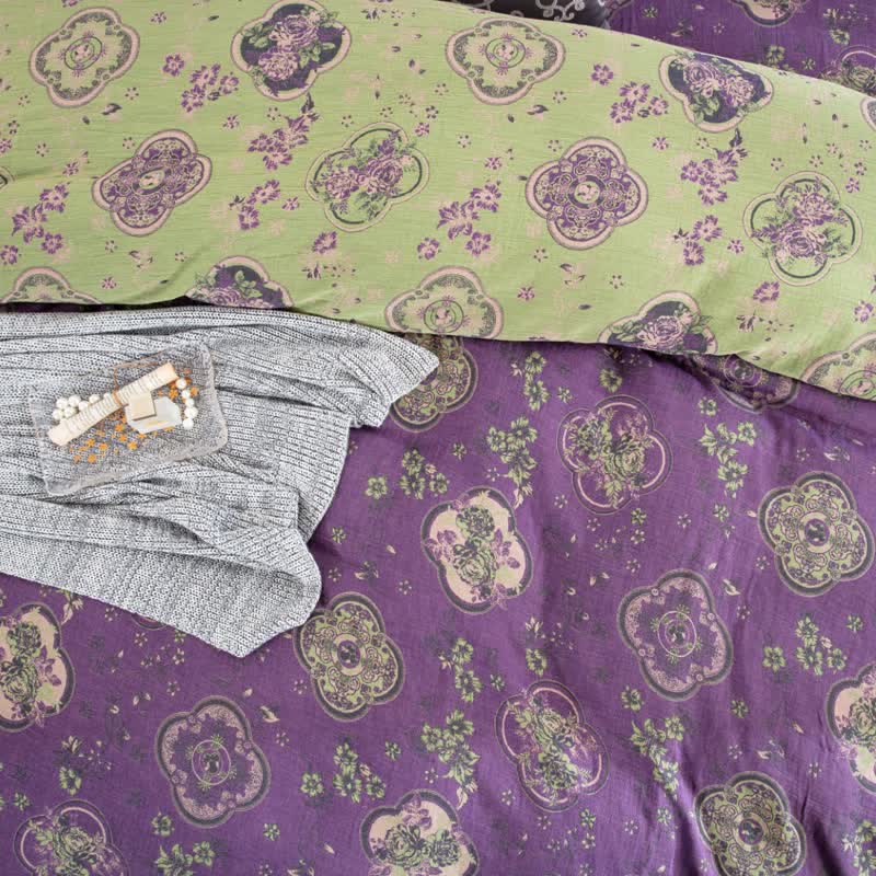 Double Layer Cotton Gauze Floral Bedding Set(4PCS)