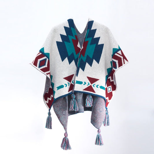 Jacquard Knitted Geometric Tassel Shawl Wrap