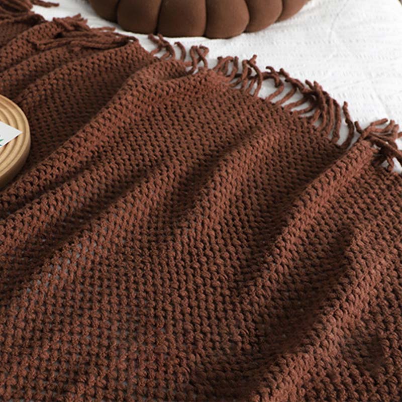 Ownkoti Simple Solid Color Knit Tassel Blanket