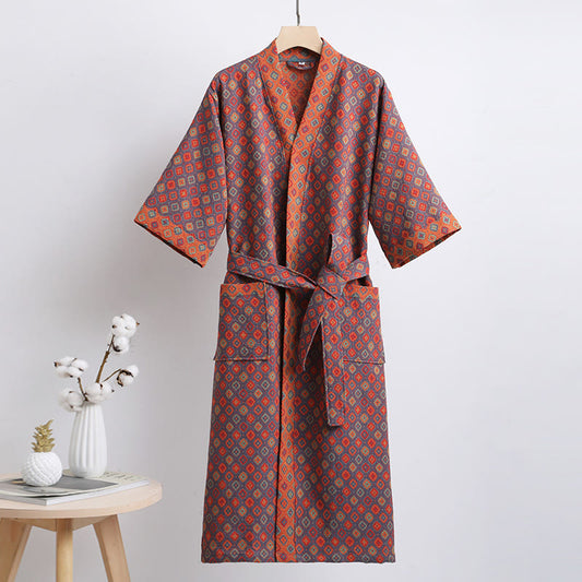 Rhombus Pattern Cotton Bathrobe with Belt