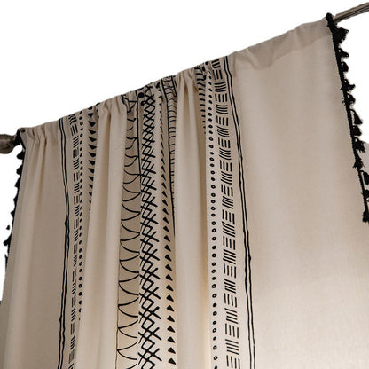 Cortinas de ventana de algodón geométrico bohemio, cortinas semiopacas con borla