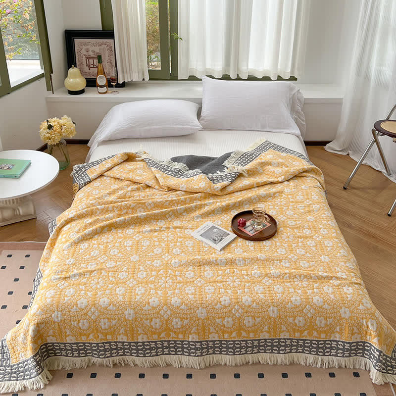 Retro Floral Cotton Gauze Tassel Quilt