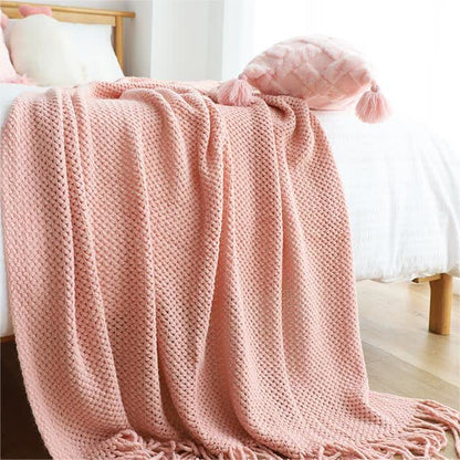 Ownkoti Simple Solid Color Knit Tassel Blanket