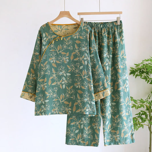 Vintage Floral Cotton Casual Pajama Set