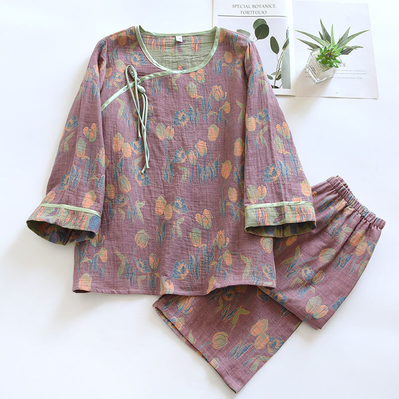 Round Neck Cotton Gauze Tulip Pajama Set