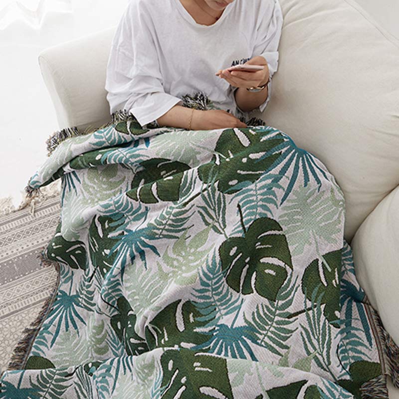 Palm Pattern Sofa Cover Tassel Blanket