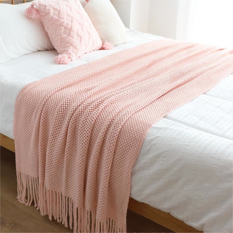 Ownkoti Simple Solid Color Knit Tassel Blanket