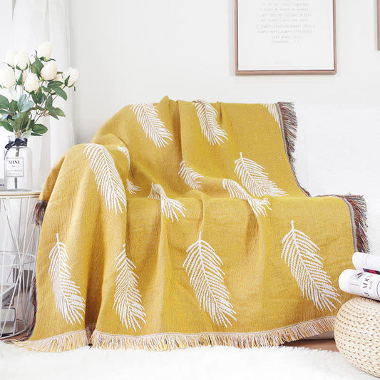 Ownkoti Leaf Pattern Tassel Yellow Blanket