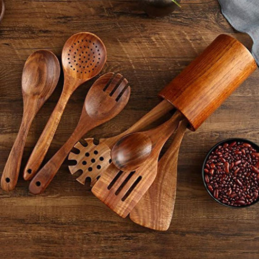 Natural Wooden Spoon Spatula for Cooking Dinner Set
