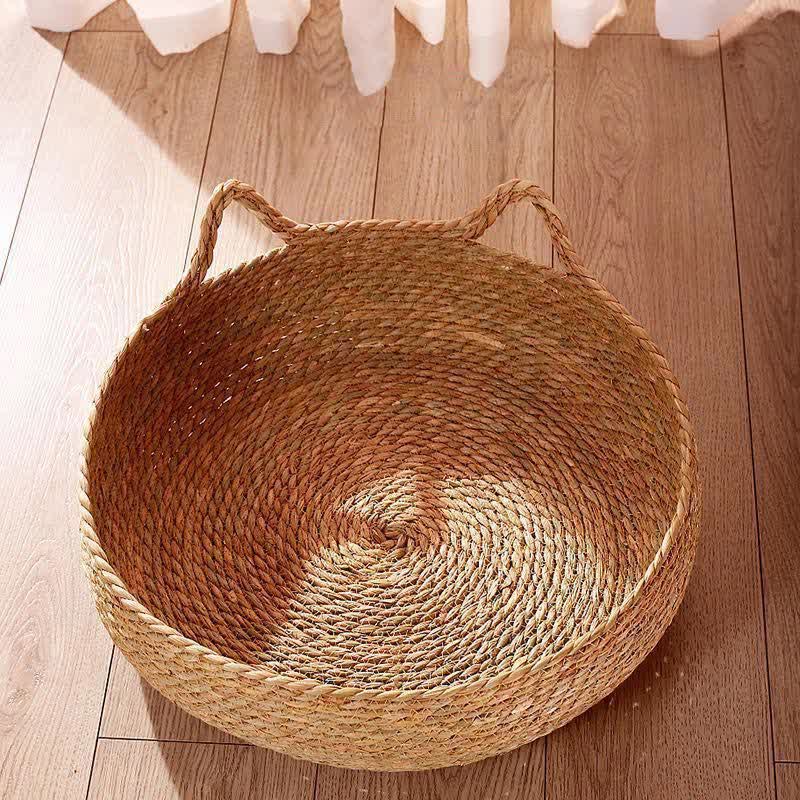 Handmade Braided Cattail Rope Cat Bed