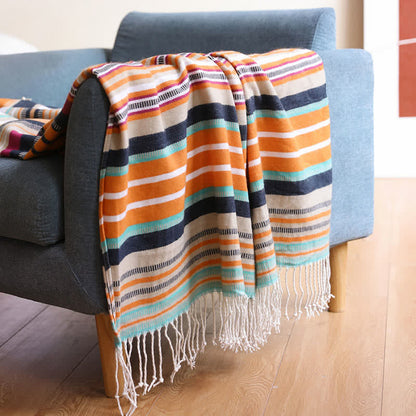 Colorful Striped Soft Tassel Rainbow Blanket