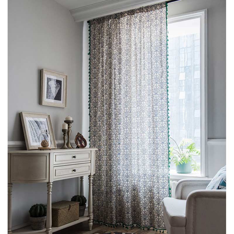 Blue Pattern Green Tassel Cotton Linen Curtain